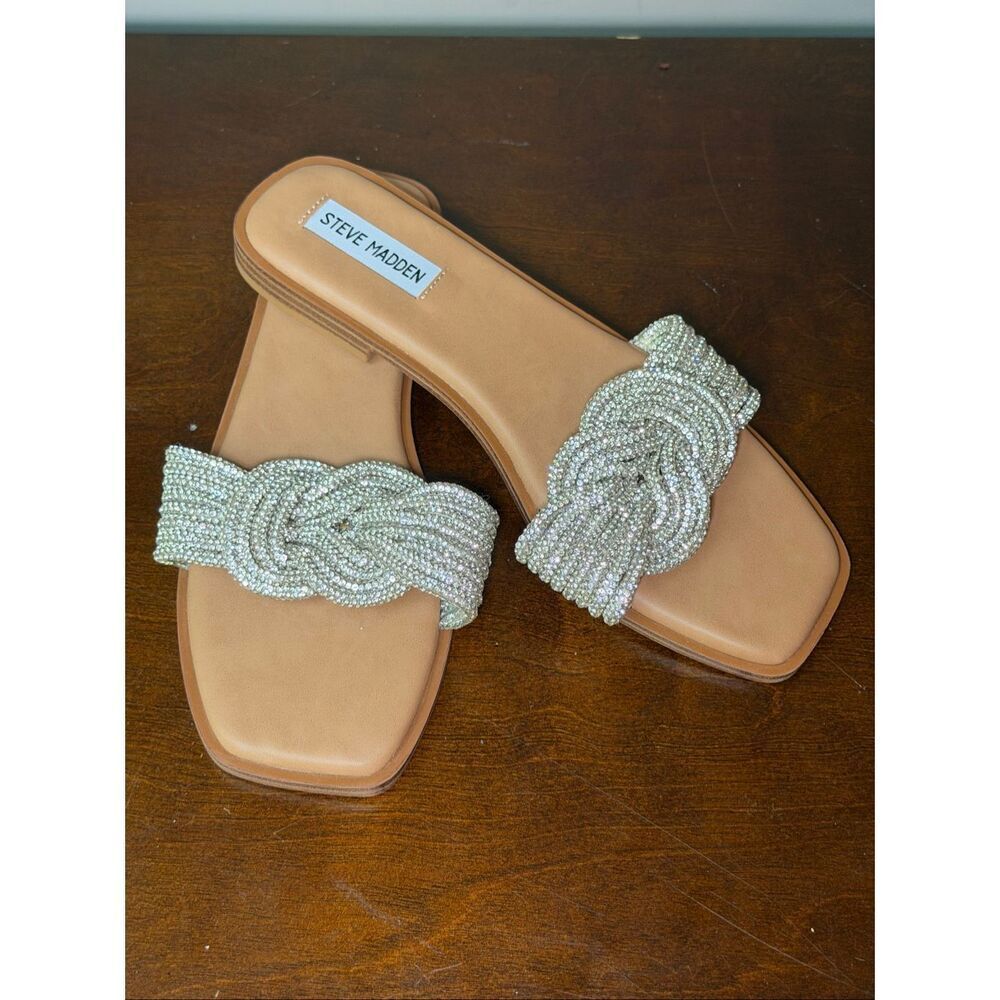 Steve Madden bling silver rhinestone knot detail slide on sandals 8 - Picture 2 of 5